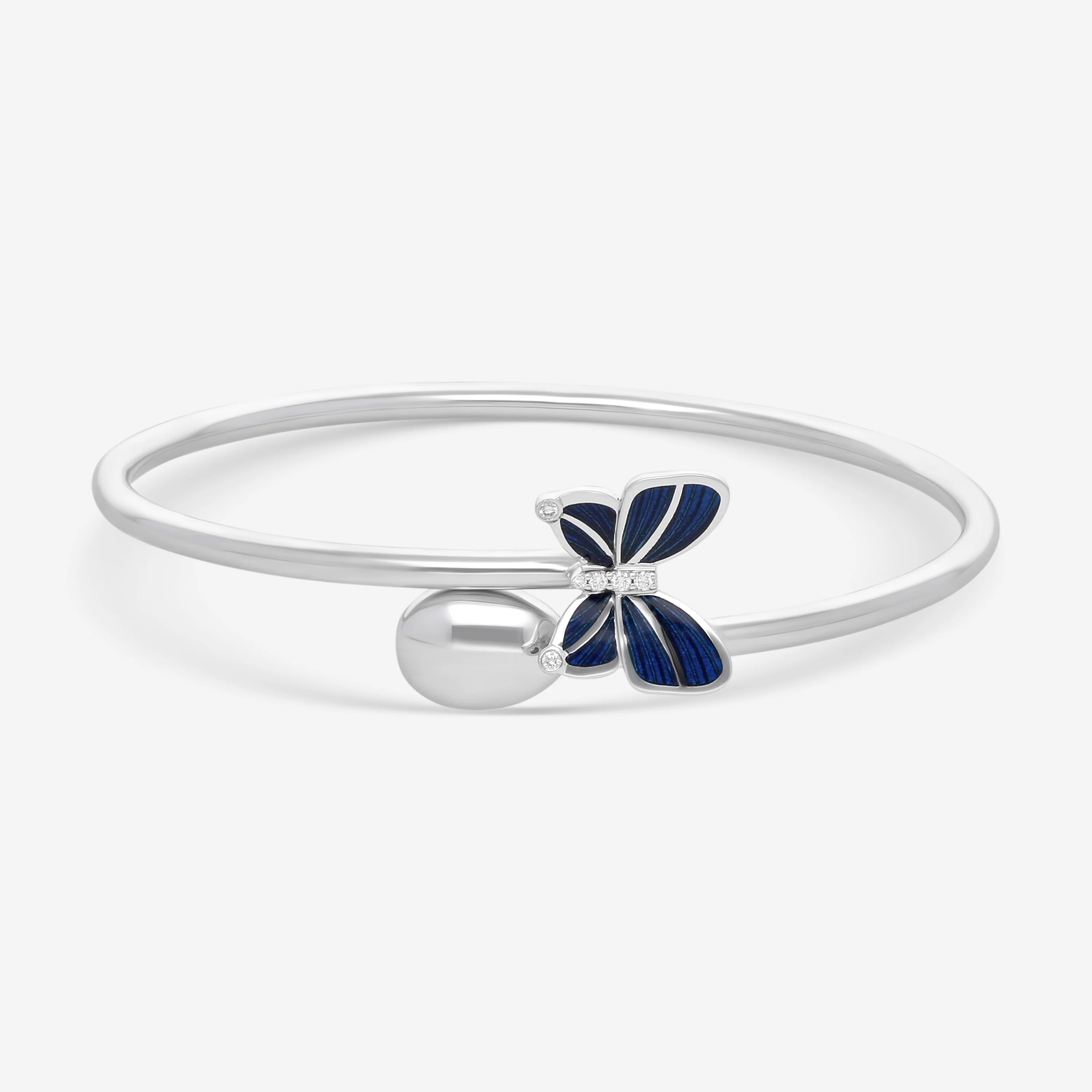 Image of Fabergé 18K White Gold Blue Enamel Butterfly and Egg Cross Over Medium Size Bangle Bracelet  1824BT3128