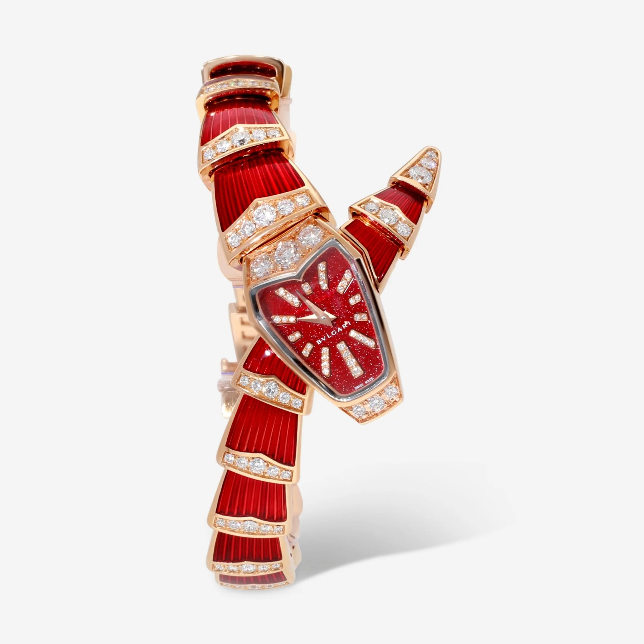 Image of Bulgari Serpenti 18K Rose Gold Diamond Red Lacquer Quartz Ladies Watch 102345