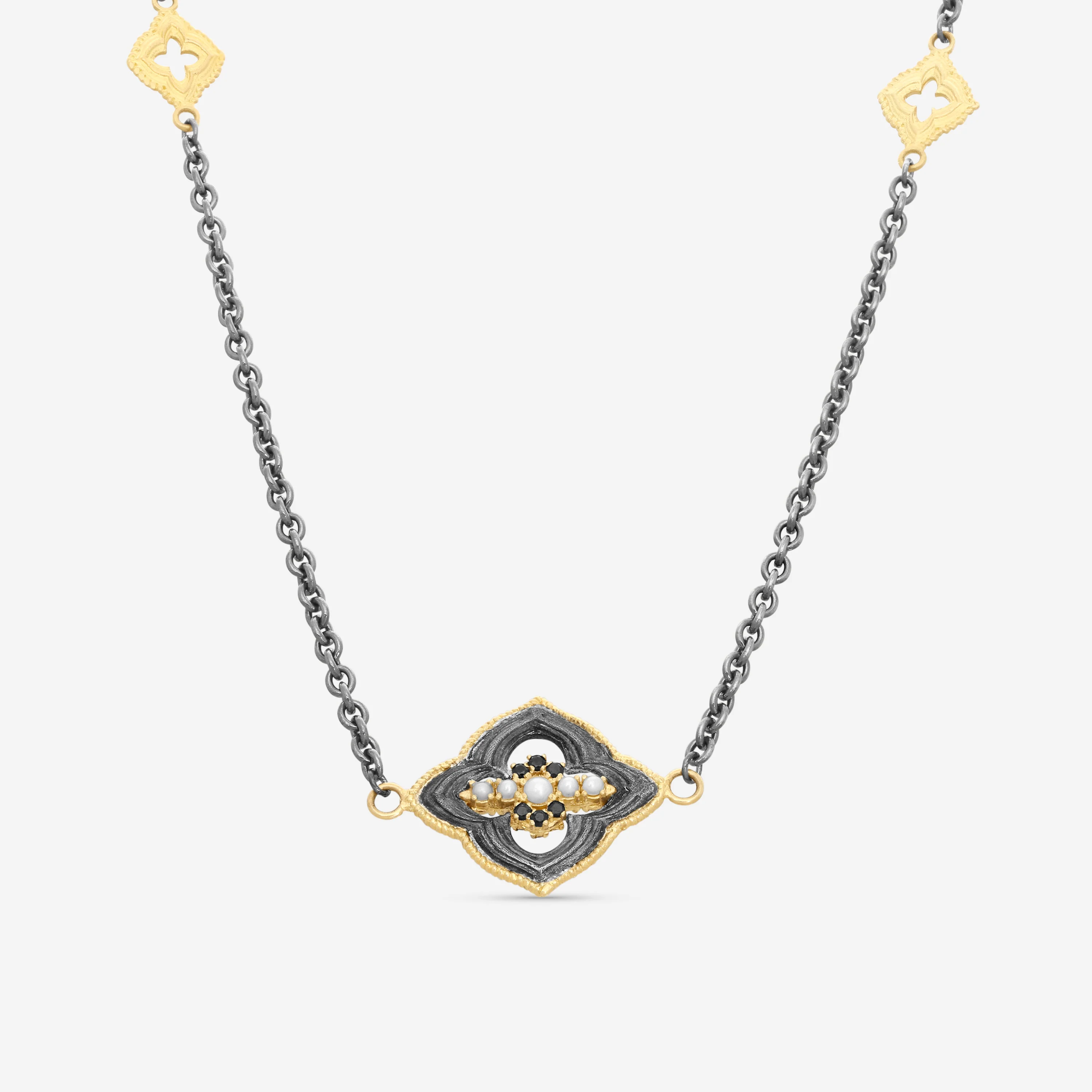 Image of Armenta 18K Yellow Gold & Blackened Sterling Silver White Pearl & Black Sapphire Station Necklace 19581