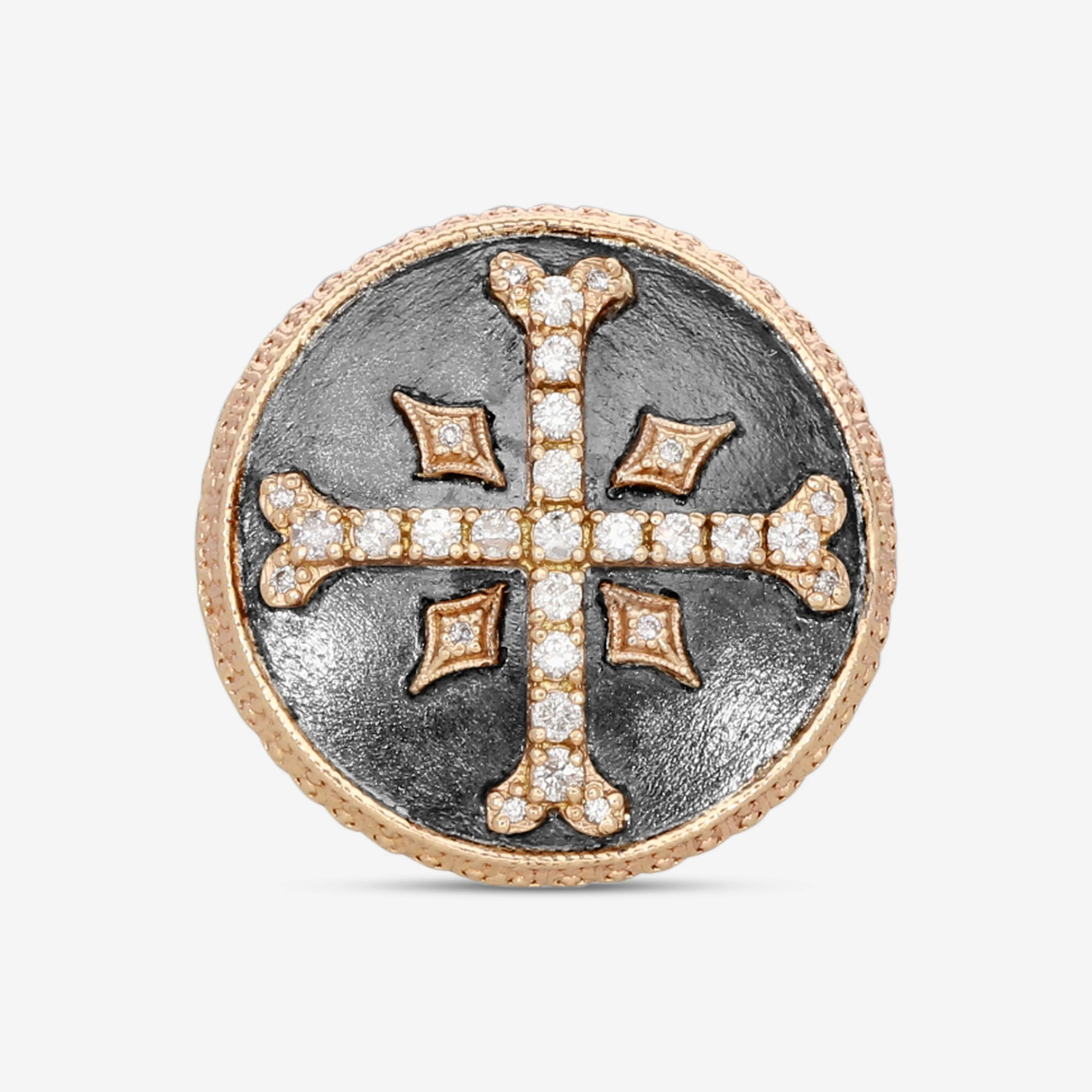 Image of Armenta Men's 14K Rose Gold & Grey Sterling Silver Diamond Cross Statement Ring Sz. 9 20646-1