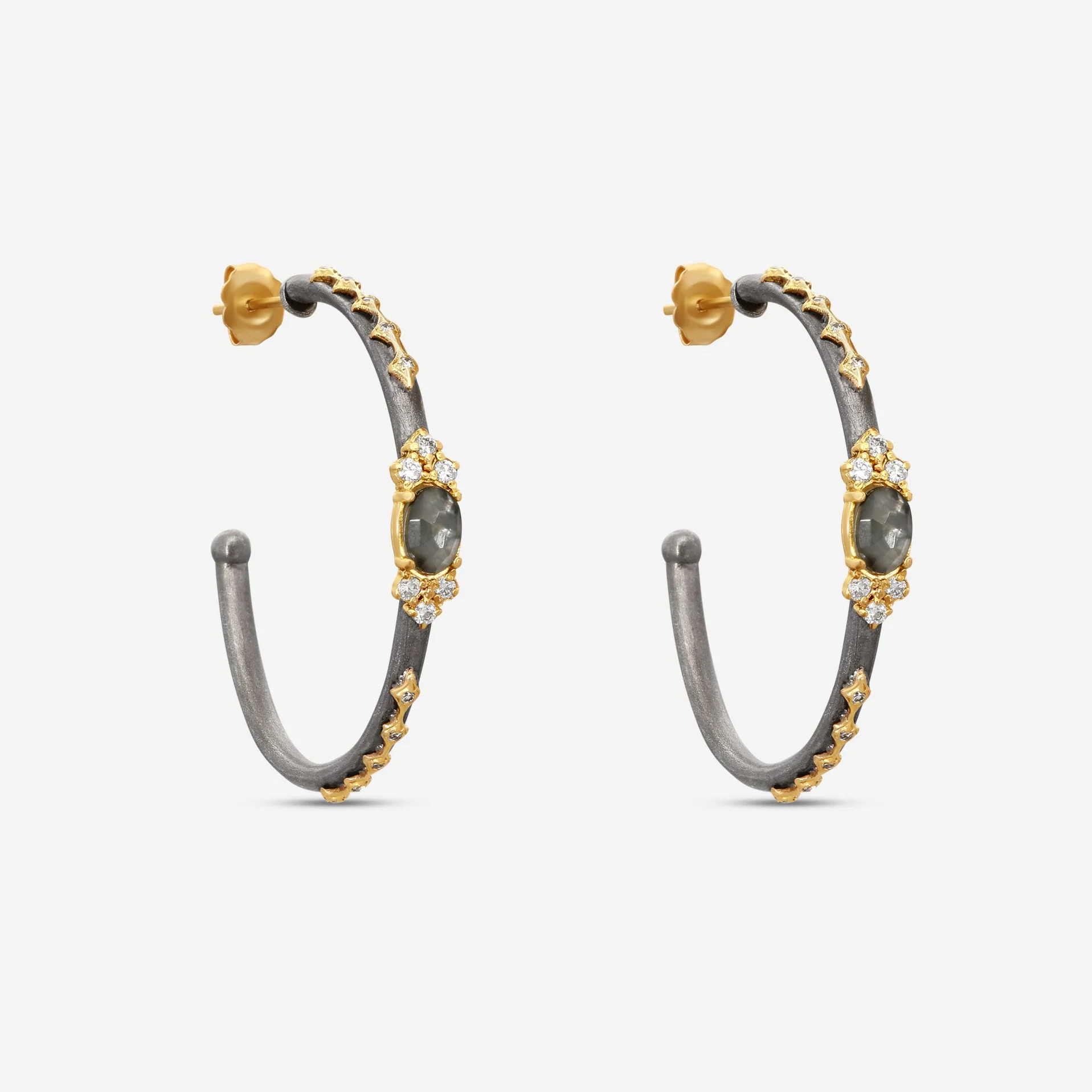 Image of Armenta Old World 18K Yellow Gold & Grey Sterling Silver Multistone Hoop Earrings 18664