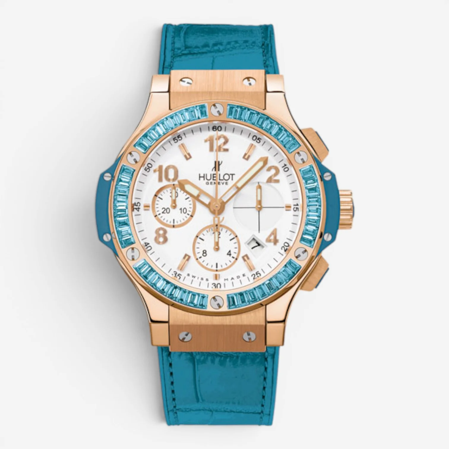 Image of Hublot Big Bang Tutti Frutti Chrono 18K Rose Gold Blue Topaz Automatic Ladies Watch 341.PL.2010.LR