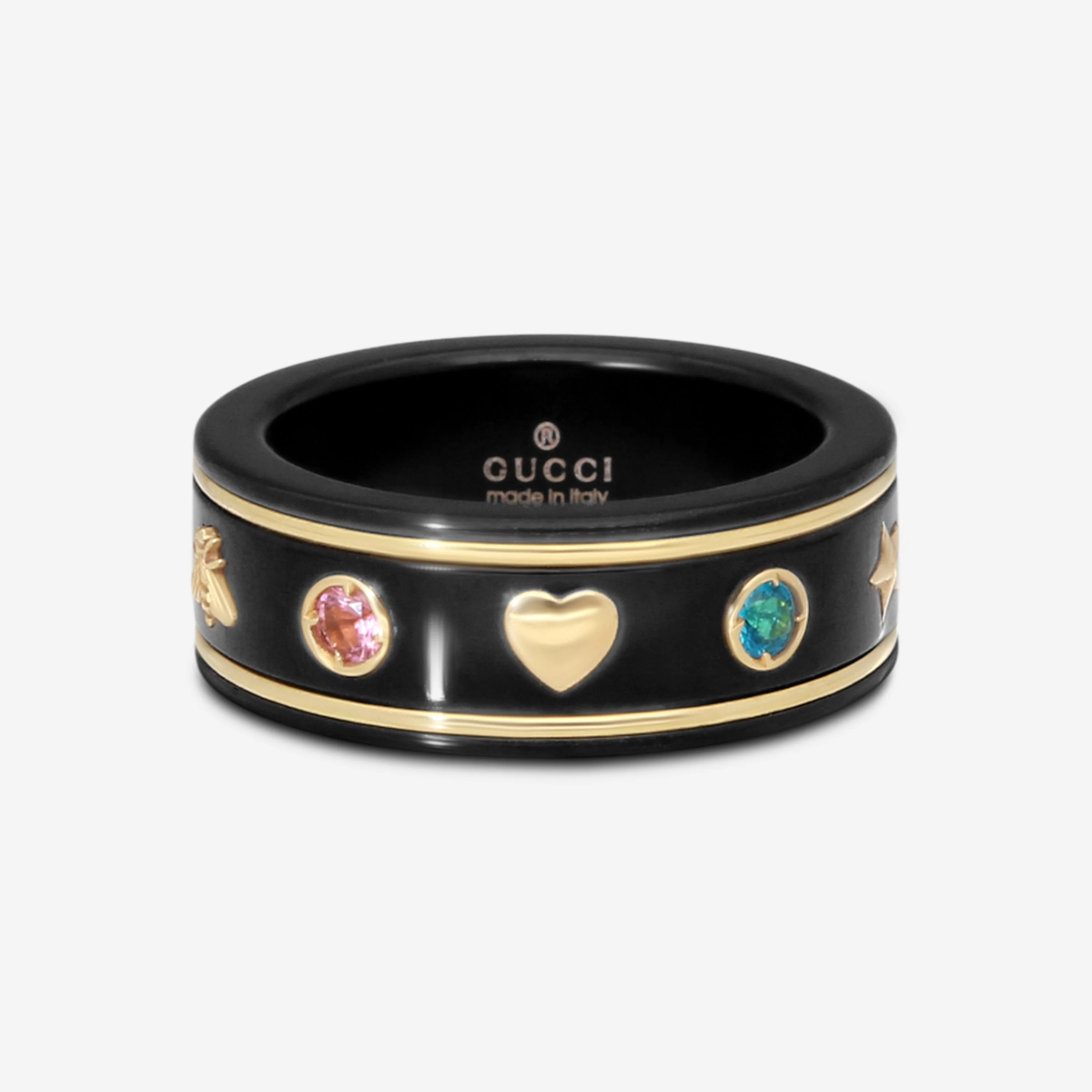 Image of Gucci Icon 18K Yellow Gold & Black Synthetic Corundum Topaz Thin Band Ring YBC527095002009