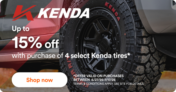 Kenda Up to 15% off wth purchase of 4 select Kenda tires* Copy and apply code at checkout. *Offer valid on purchases between 6/27/25 to 7/17/25. Terms & Conditions apply. See site for details. Shop now.