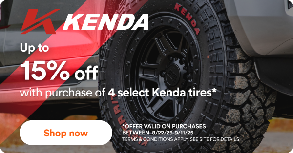 Kenda: Up to 15% off wth purchase of 4 select Kenda tires* *Offer valid on purchases between 8/22/25 to 9/11/25. Terms & Conditions apply. See site for details. Shop now.