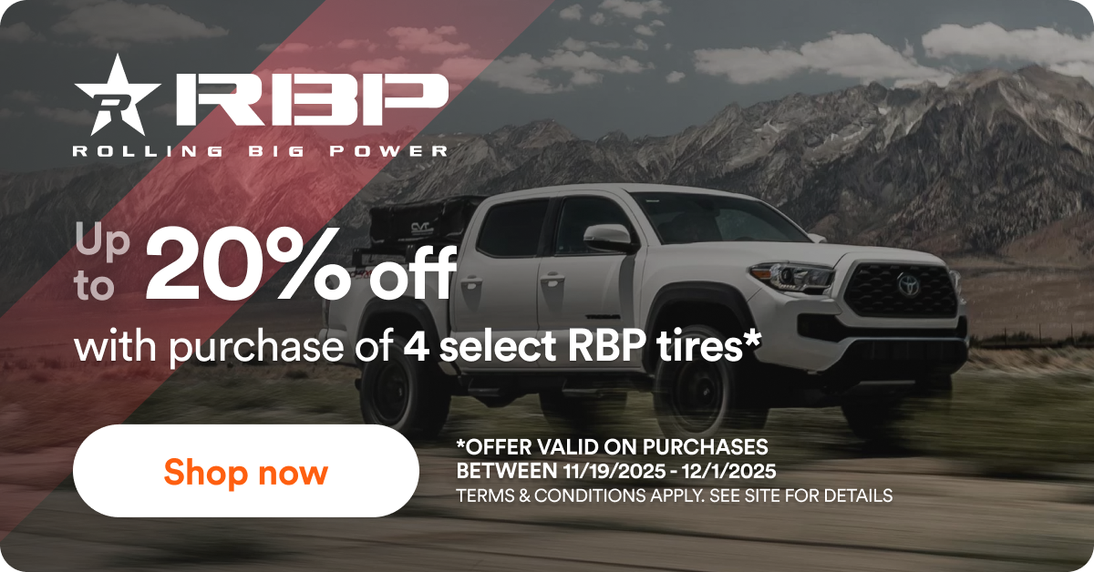 Up to 20% off with purchase of 4 select RBP tires* Use code YOKO100NOV25 in cart Shop now *offer valid on purchases between 11/19/2025 - 12/1/2025 terms & Conditions apply. see site for details
