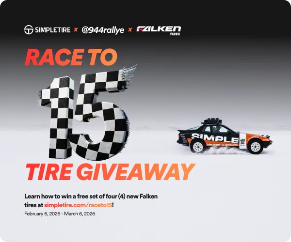 SimpleTire x @944rallye x Falken Tires - Race to 15 Tire Giveaway - Learn how to win a free set of four (4) new Falken tires at simpletire.com/raceto15! February 6, 2026 - March 6, 2026