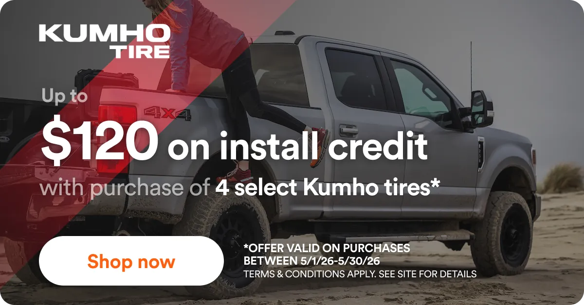 Up to $120 on install credit with 4 select Kumho tires