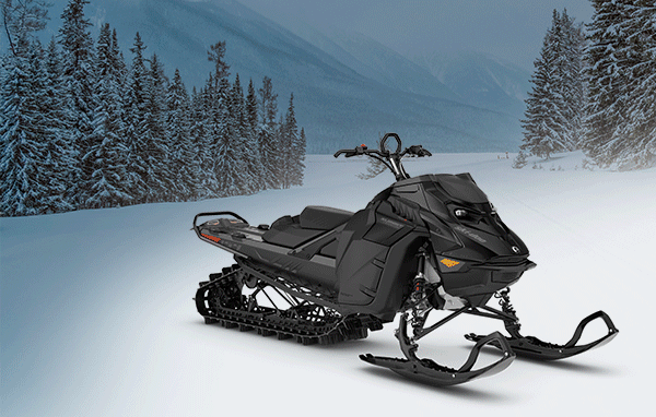 Ski-Doo models in forest with mountains