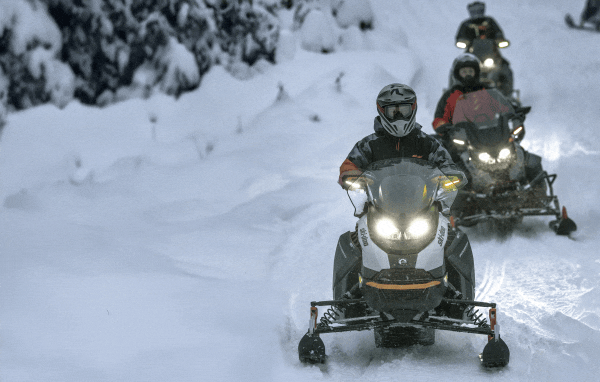 Three Ski-Doo riders on sleds