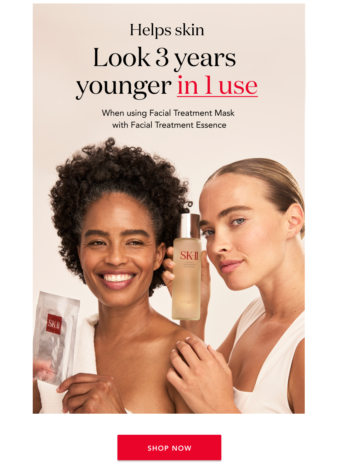 Helps skin Look 3 years younger in 1 use. When using facial treatment mask with facial treatment essence.