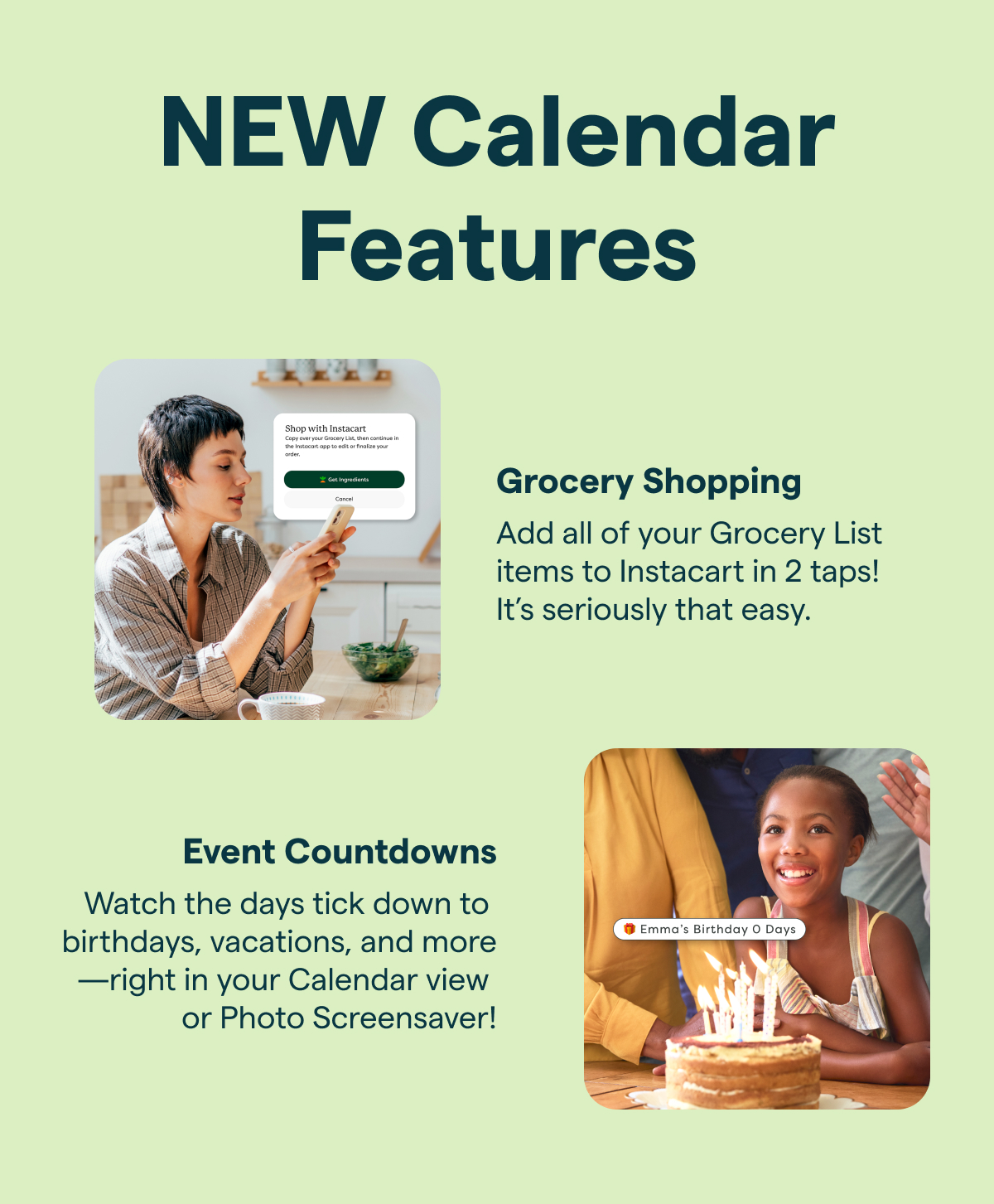 new calendar features grocery shopping with instacart and event countdowns