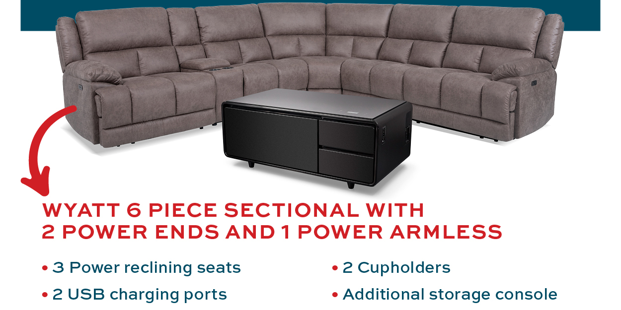 Wyatt 6 piece sectional with 2 power ends and 1 power armless