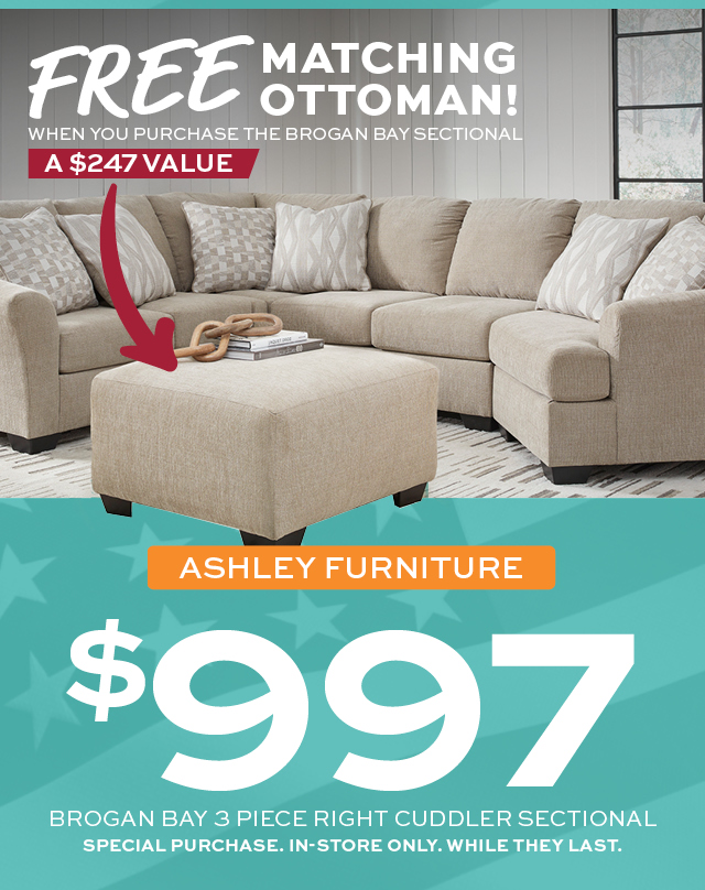 Ashley Furniture Brogan Bay 3 Piece Sectional + FREE ottoman only $997