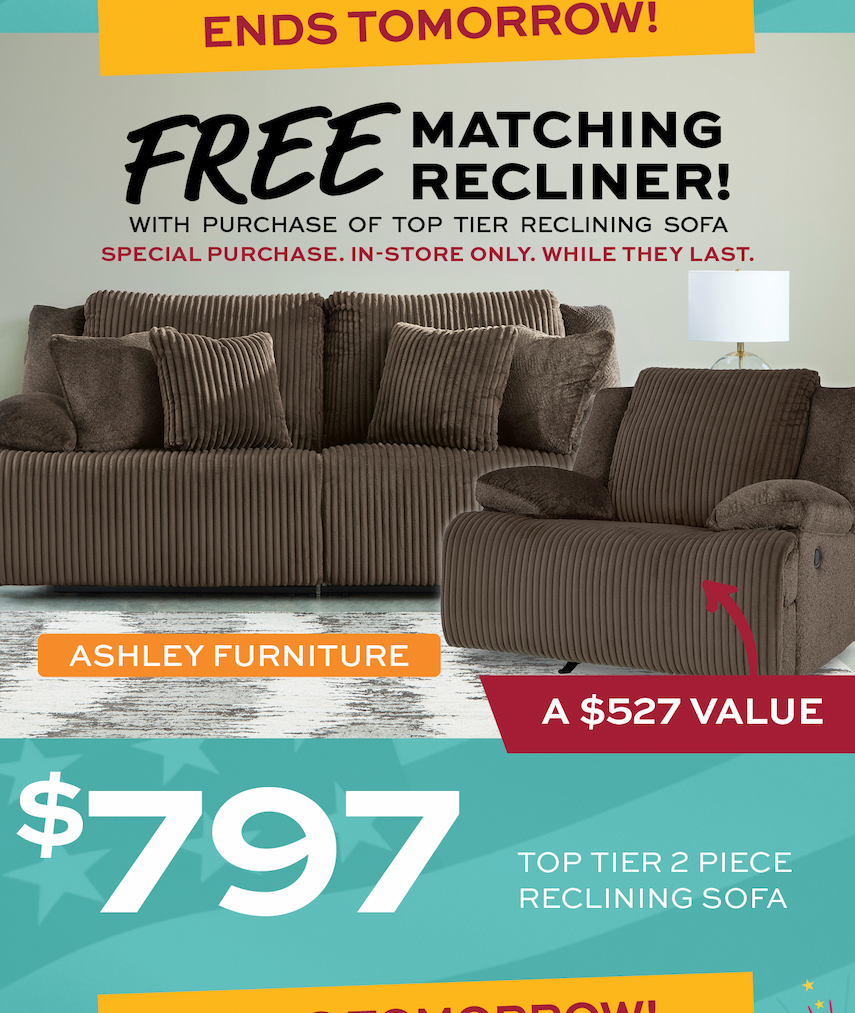 Top Tier Reclining Sofa + FREE matching recliner only $797!
