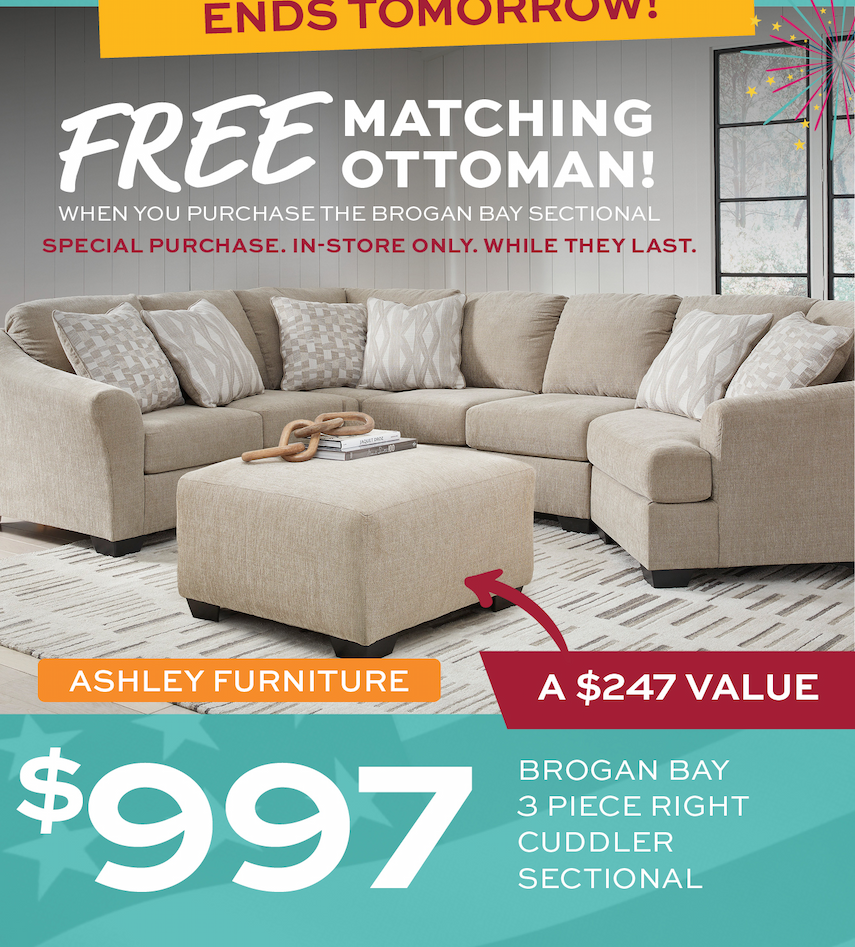Brogan Bay Sectional + FREE matching ottoman only $997