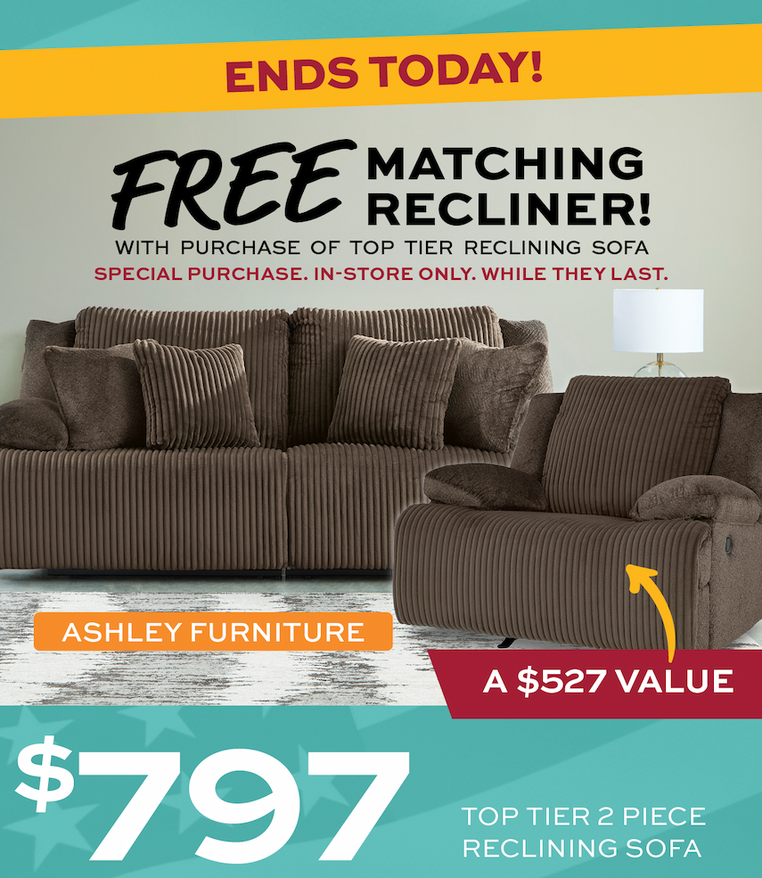 Top Tier Reclining Sofa + FREE matching recliner only $797!