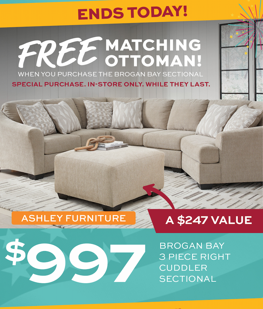 Brogan Bay Sectional + FREE matching ottoman only $997