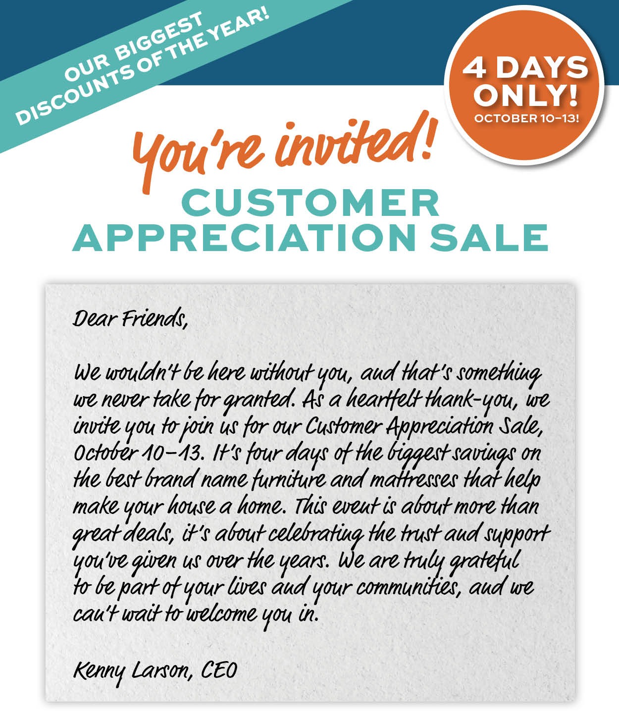 Customer appreciation sale! 4 days only. october 10-13