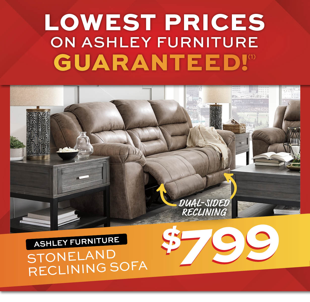 Lowest prices on Ashley Furniture Guaranteed! Ashley Stoneland Reclining Sofa $799