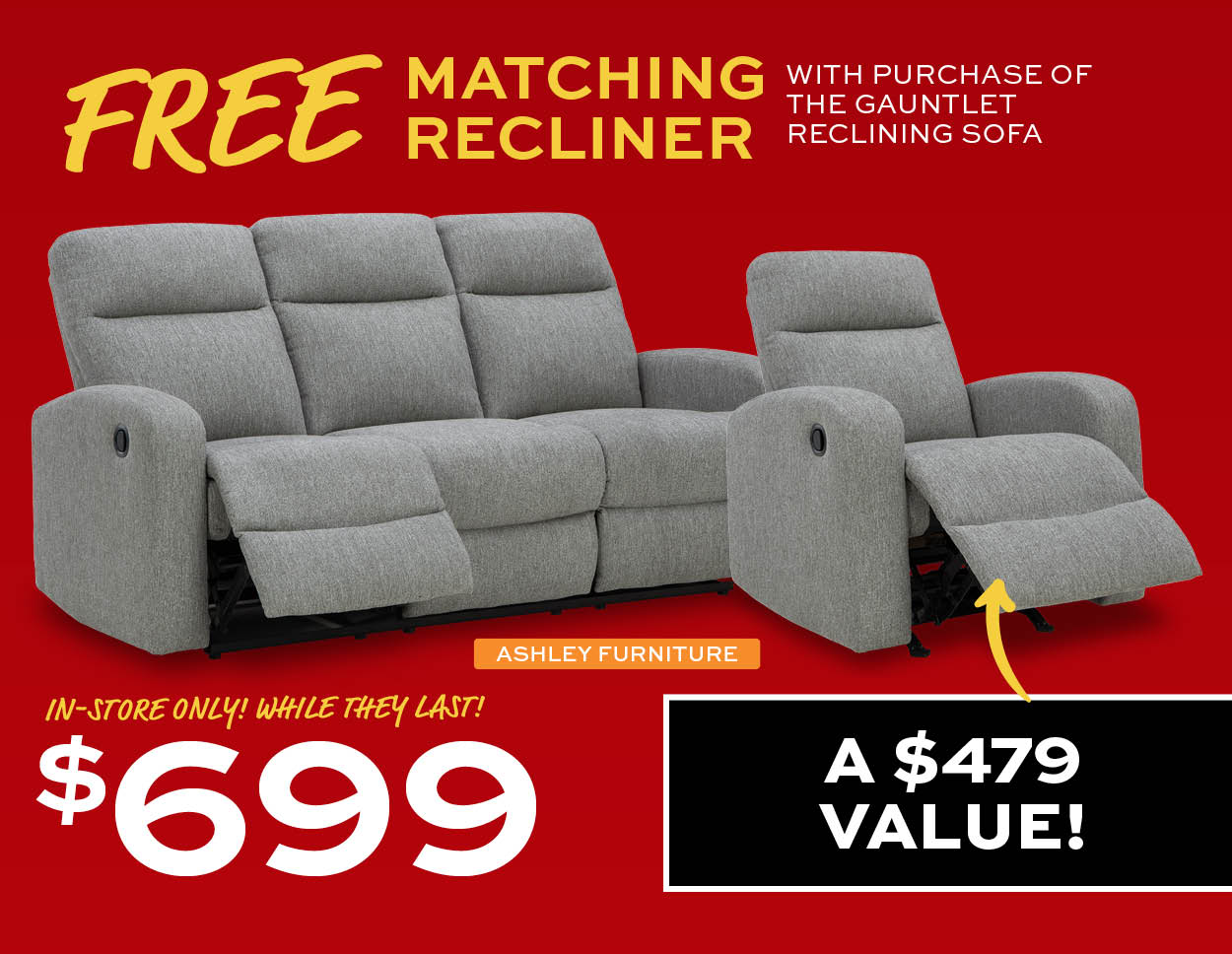 Ashley Furniture Guantlet Reclining Sofa with Free Matching Recliner $699. In-store only! While they last!