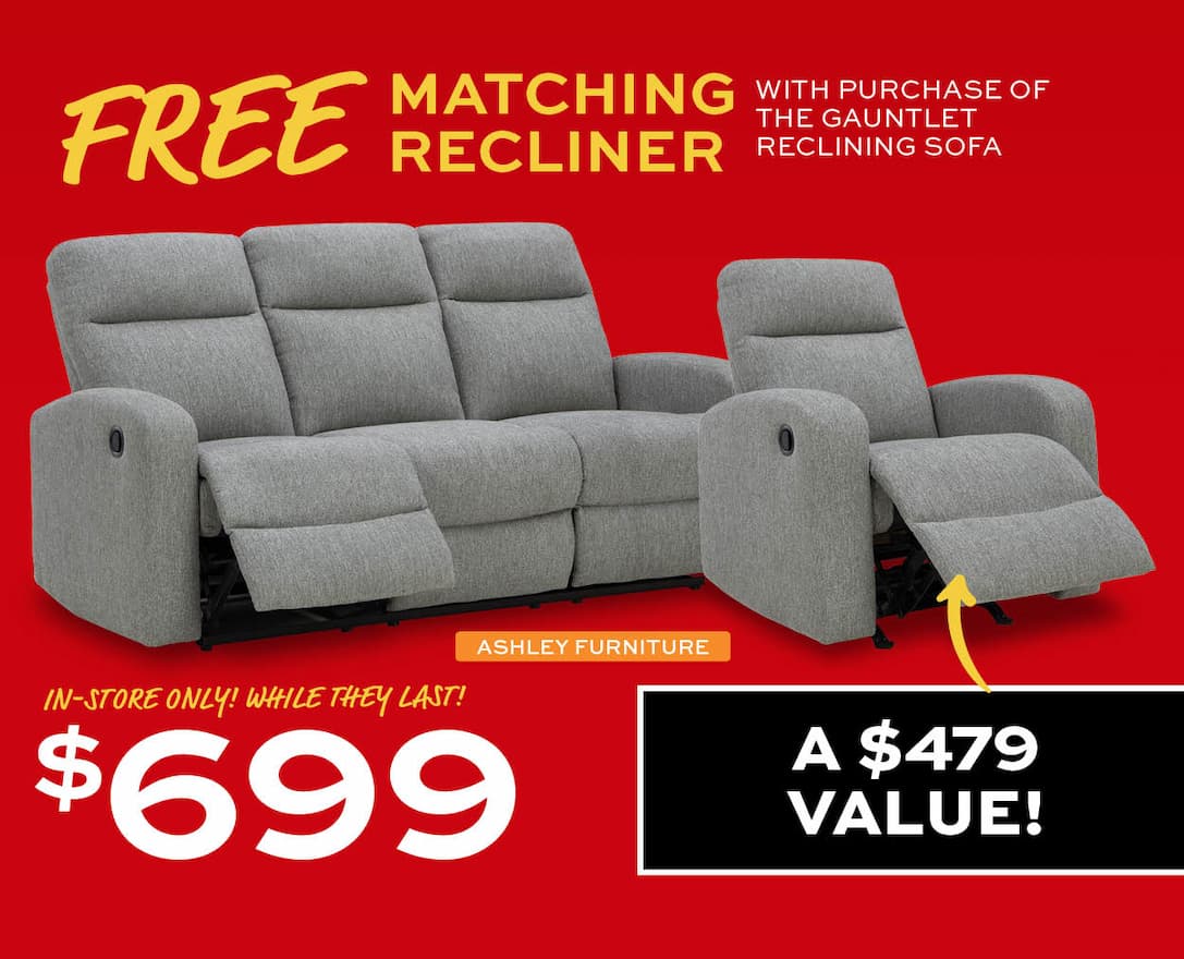 Ashley Furniture Guantlet Reclining Sofa with Free Matching Recliner $699. In-store only! While they last!