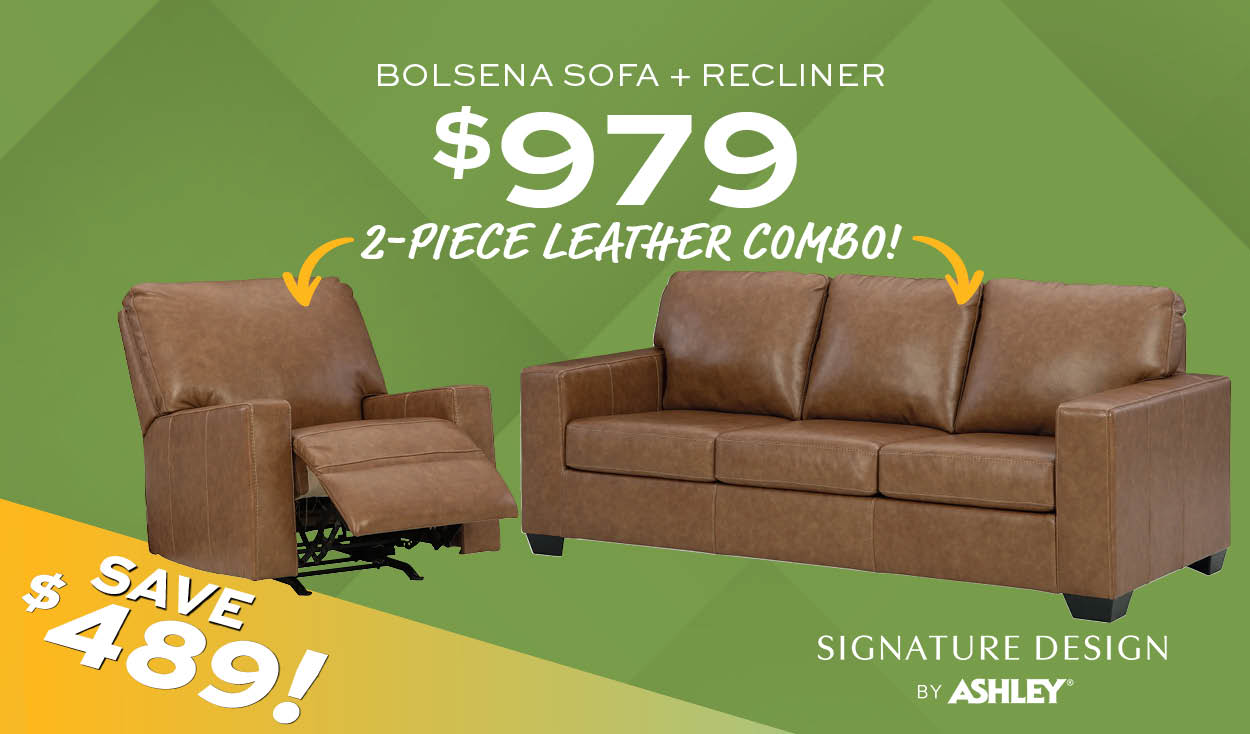 Bolsena Sofa + Recliner $979 2-Piece Leather Combo