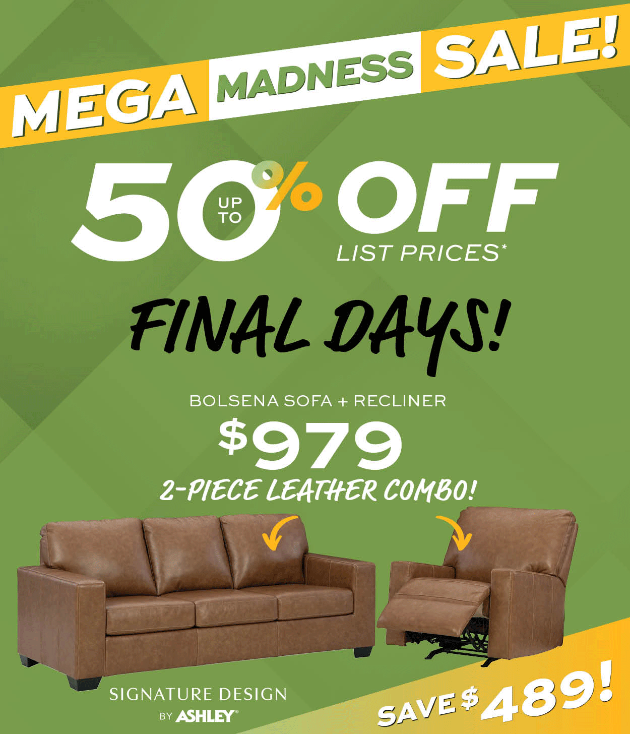 Bolsena Sofa + Recliner $979 2-Piece Leather Combo
