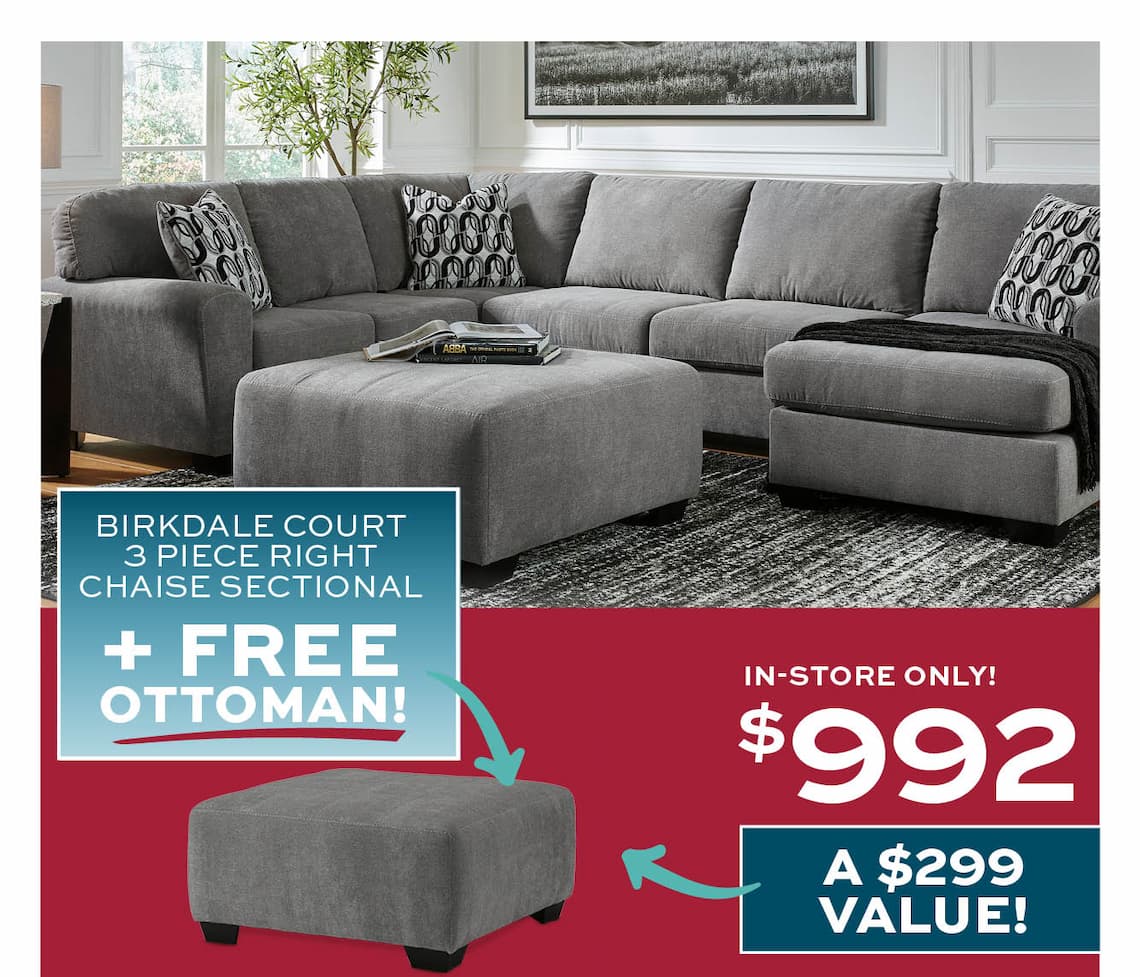 Birkdale Court 3 Piece Right Chaise Sectional + Free Ottoman $992