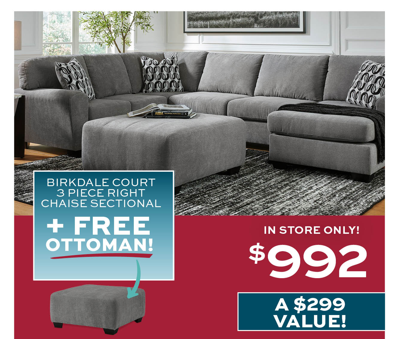 Birkdale Court 3 Piece Right Chaise Sectional + Free Ottoman $992