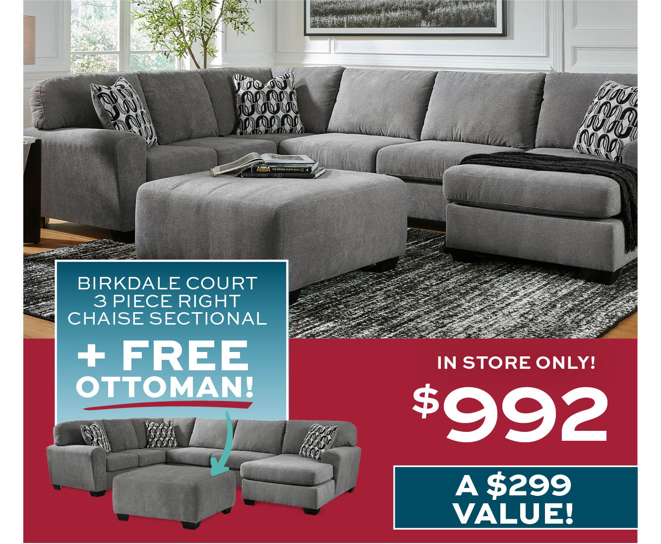 Birkdale Court 3 Piece Right Chaise Sectional +Free Ottoman $992