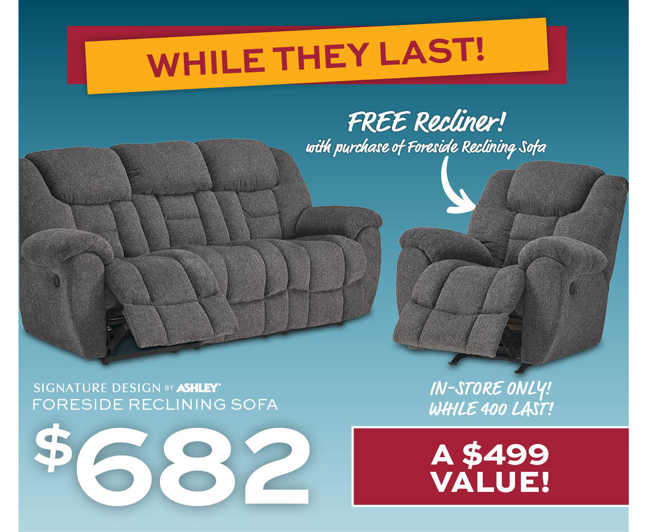 Ashley Foreside Reclining Sofa + Free Recliner $682