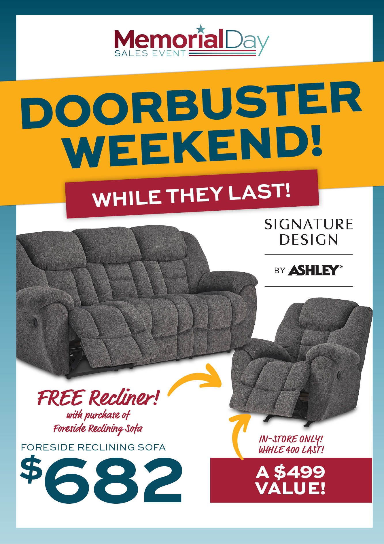 Ashley Foreside Reclining Sofa $682 + Free Recliner