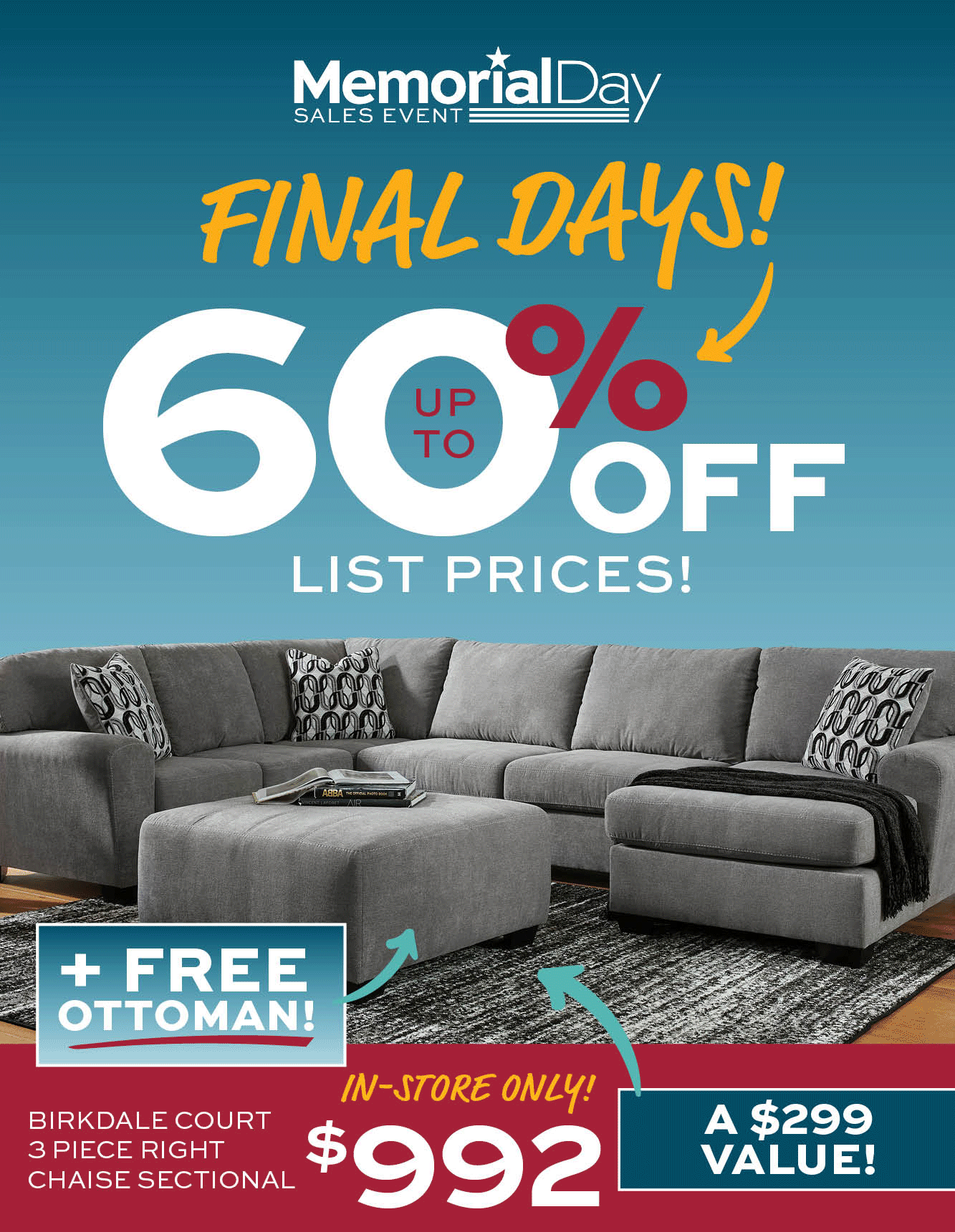 Birkdale Court 3 Piece Right Chaise Sectional $992
