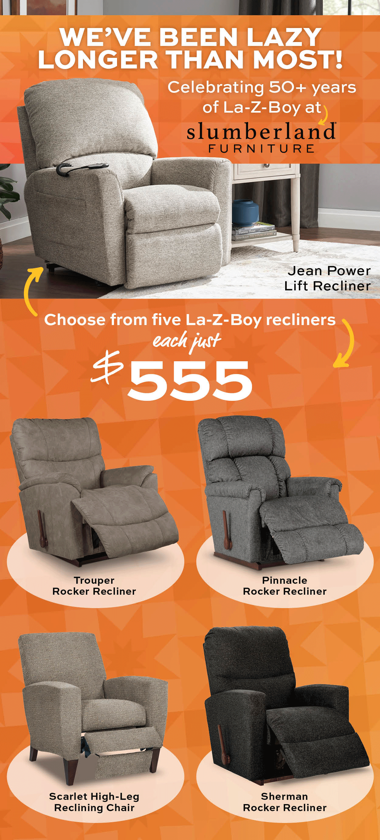 Five La-Z-Boy Recliners, each $555.