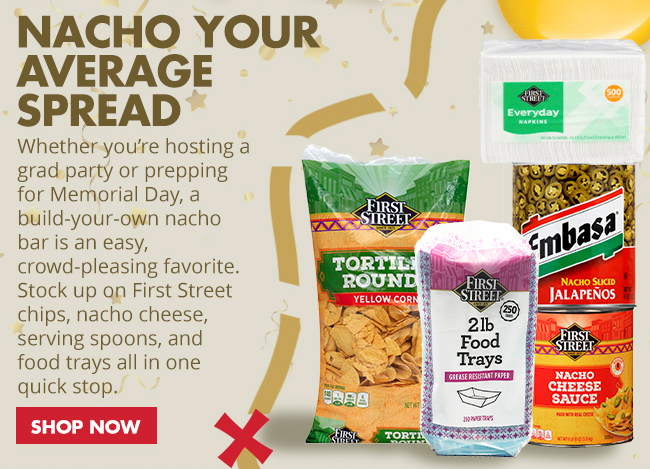 FS nacho cheese, tortillas, chips, jalepenos, food boats, napkins