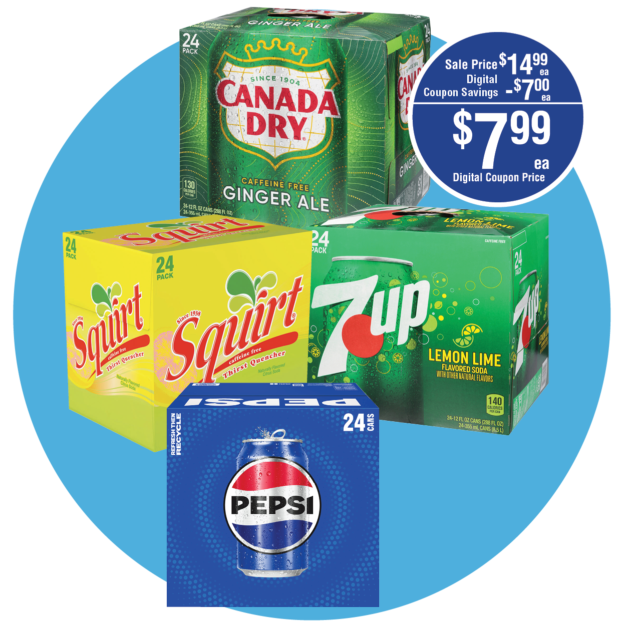 PEPSI, SQUIRT, 7 UP OR CANADA DRY GINGER ALE