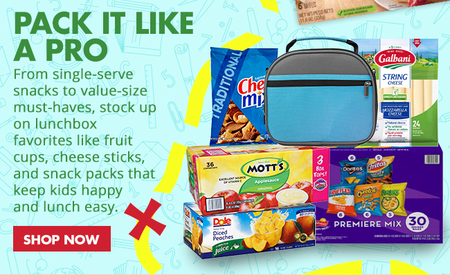 "E6  Lunbox Wins - club size, single-wrapped snacks like string cheese, 30ct box of chips, fruit cups, apple sauce, Chex mix"