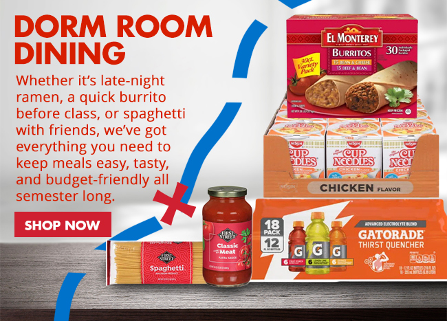 College Meals - ramen noodles, El monterrey burritos, pasta for spaghetti, multi-pack Gatorade