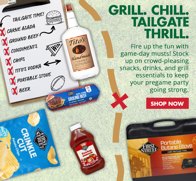 Tailgate Checklist with boxes that are checked off for items like carne asada meat, ground beef, chips, Tito's Vodka, portable butane stove, 
