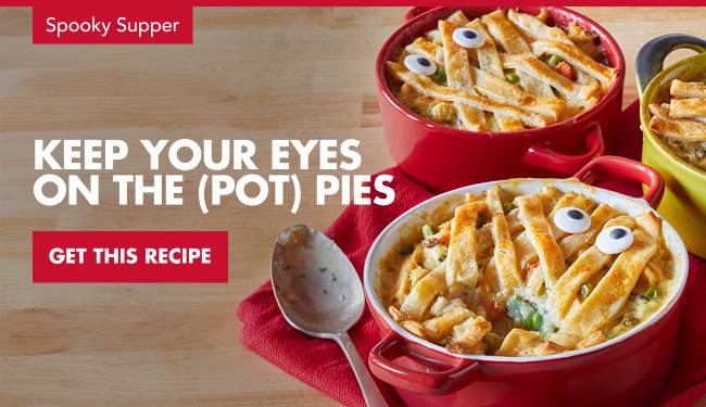 ALT TEXT: Put a Spooky Spin on Dinner/Mummy Pot Pies Recipe