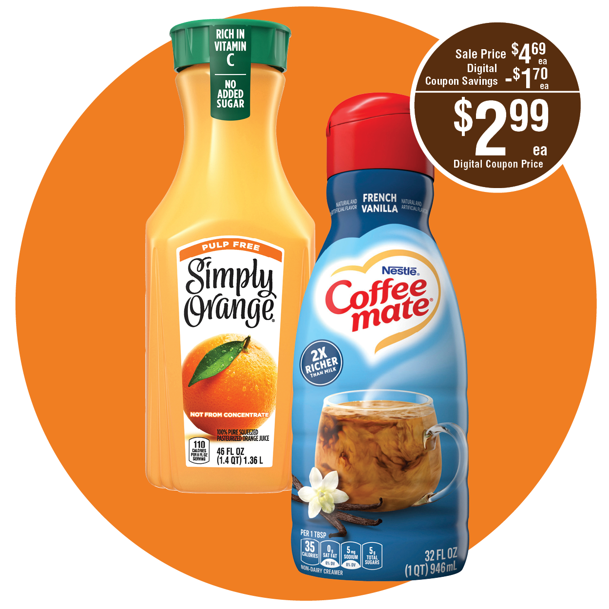 COFFEE-MATE COFFEE CREAMER OR SIMPLY ORANGE 100% ORANGE JUICE 