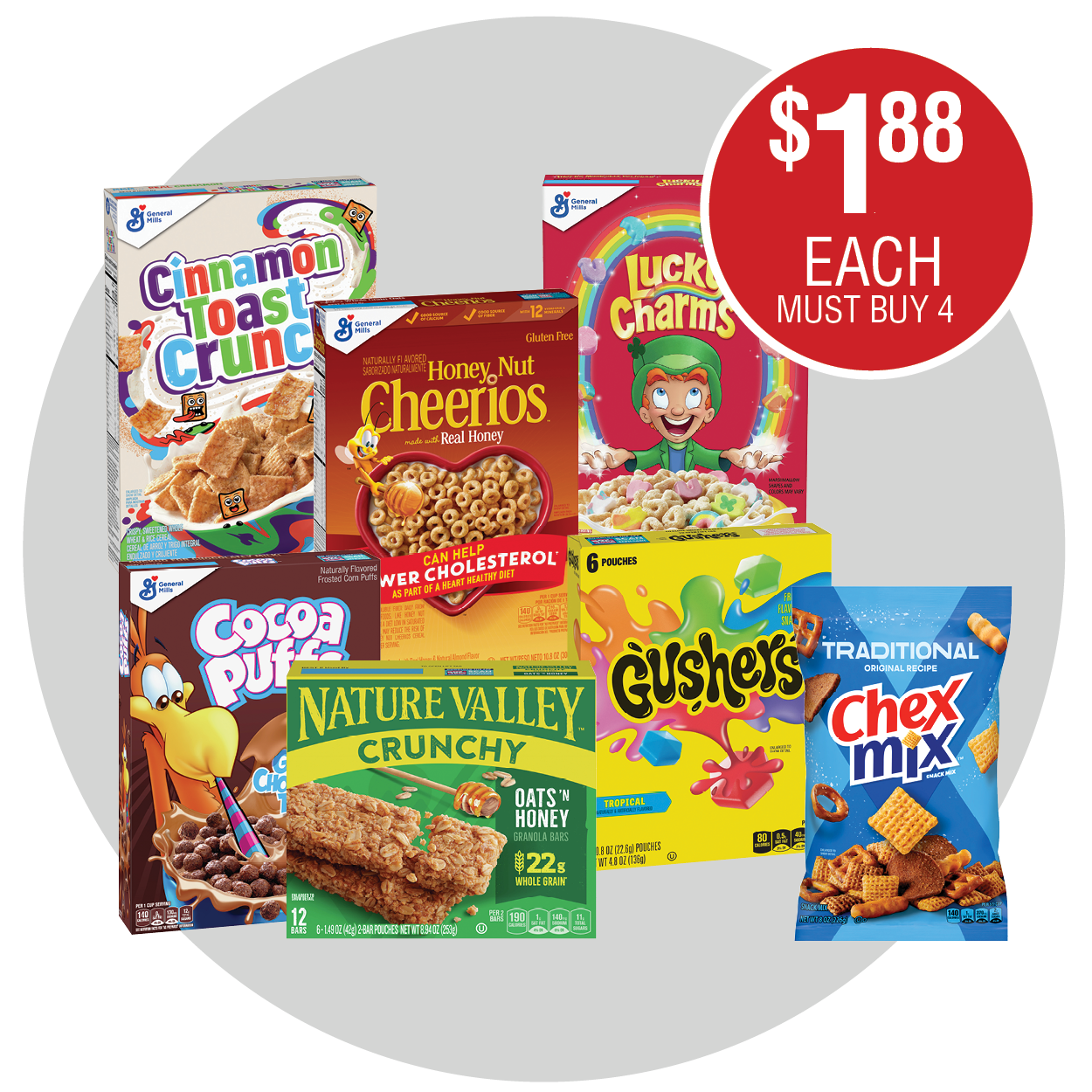 GENERAL MILLS CEREAL, NATURE VALLEY BISCUITS OR WAFERS, FRUIT GUSHERS OR CHEX MIX