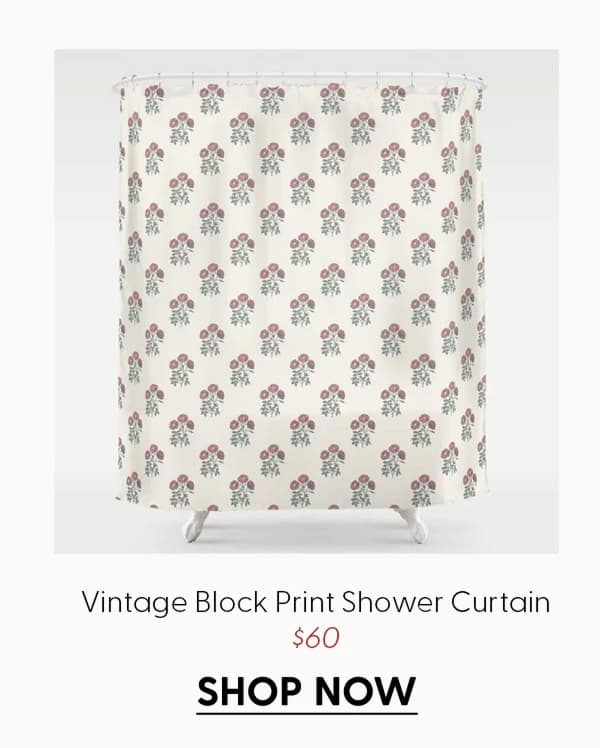 Vintage Sketched Block Print Floral - Green Raspberry Shower Curtain