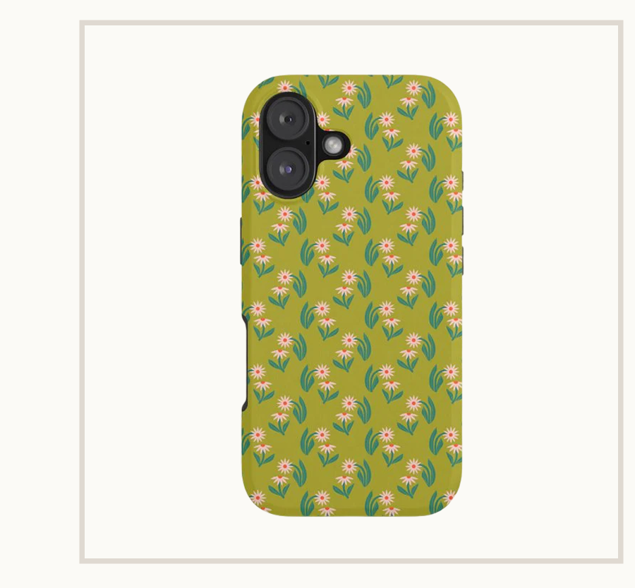 Pink Daisy Pattern - Green iPhone Case