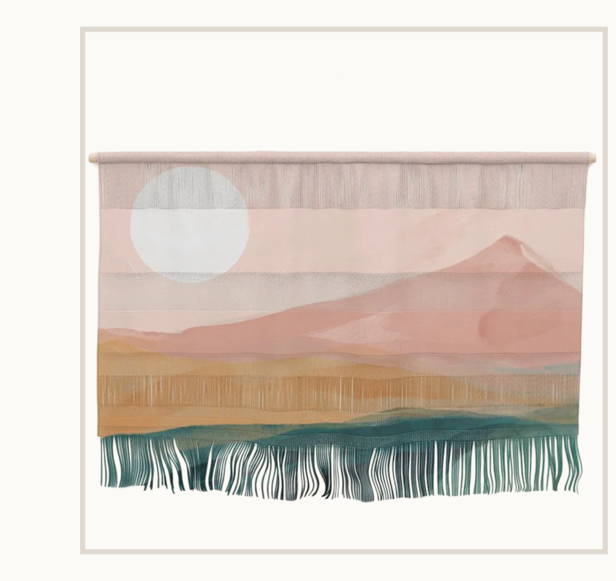 pink, green, gold moon watercolor mountains Wall Hanging