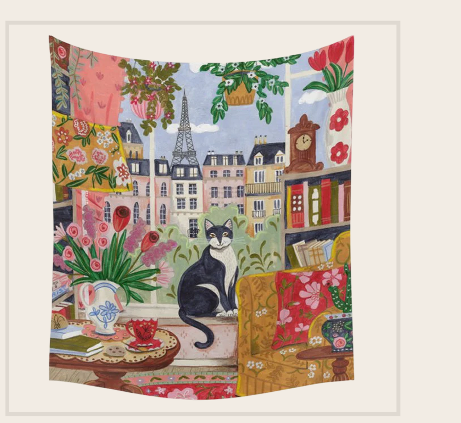 Cat in front of window in Paris Wall Tapestry