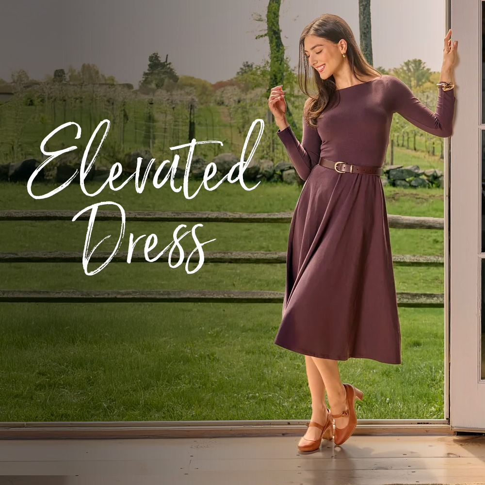 model wearing Sofft's Adalaide in luggage with text that reads "Elevated Dress"