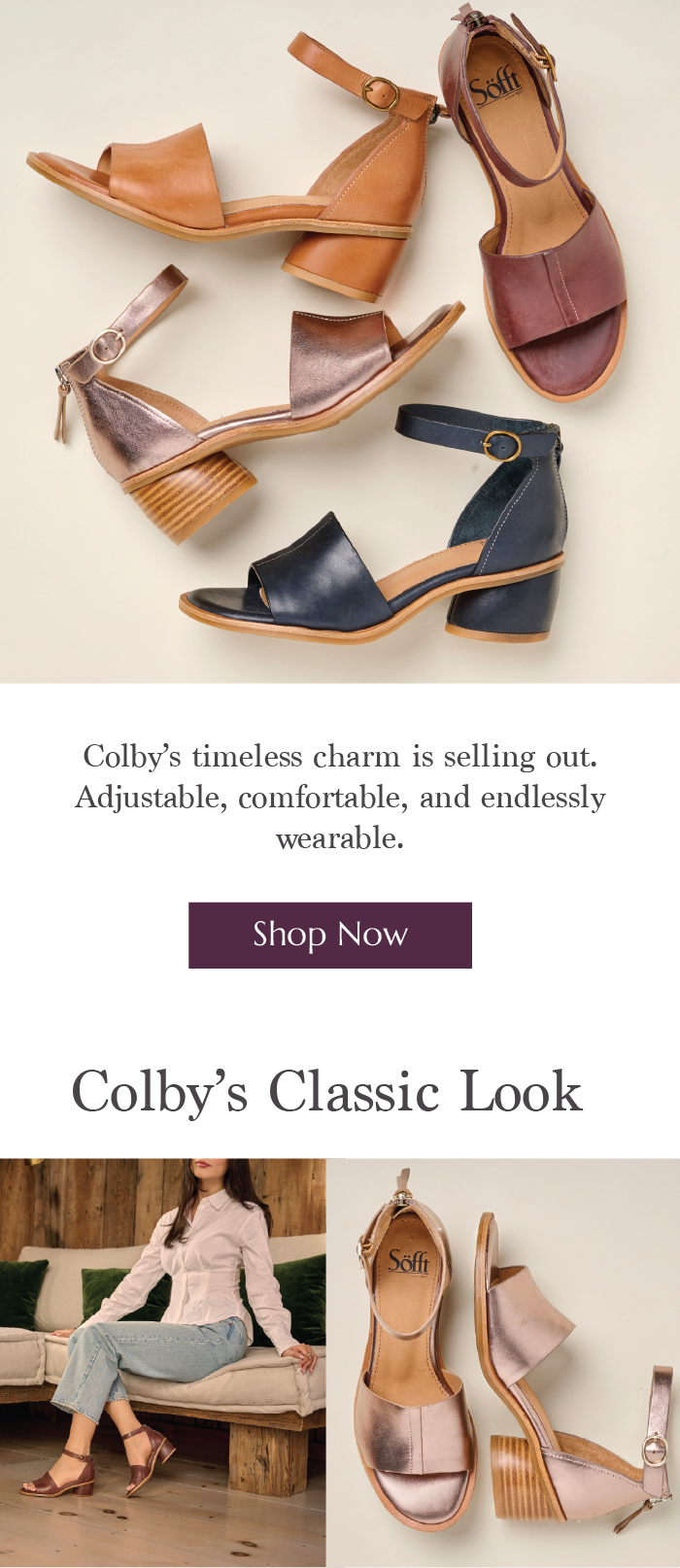 Colby block-heel sandals in multiple colors with 'Shop Now' button and model wearing the style