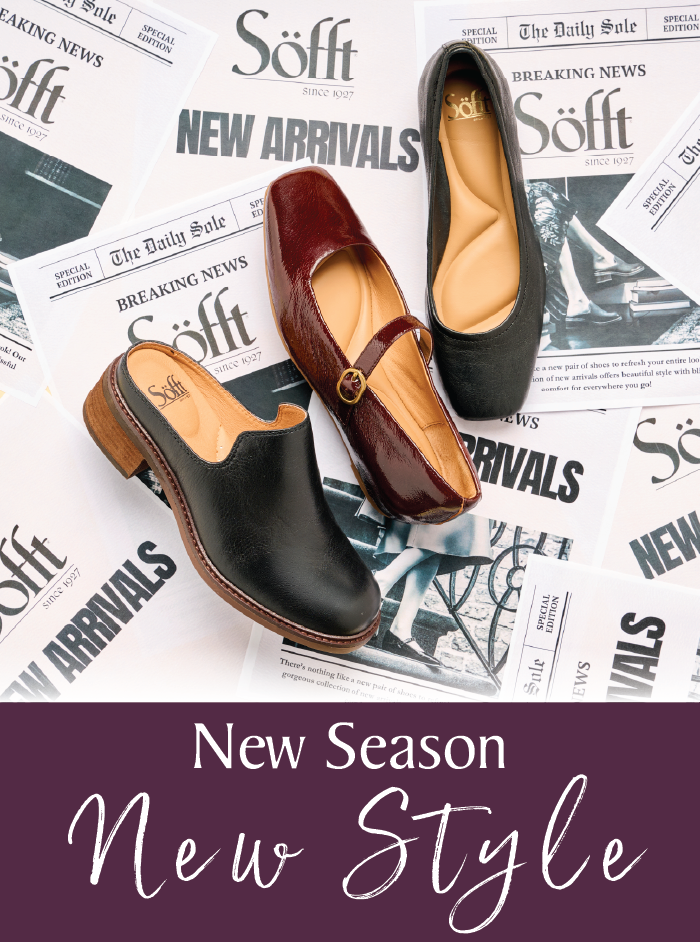 Three new Söfft women’s shoes on a newspaper backdrop with text reading ‘New Season, New Style.’